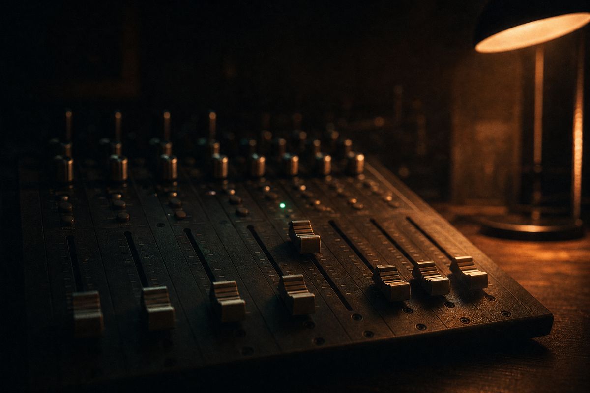 A small analogue mixing desk with rows of faders and knobs lit by a single warm lamp.