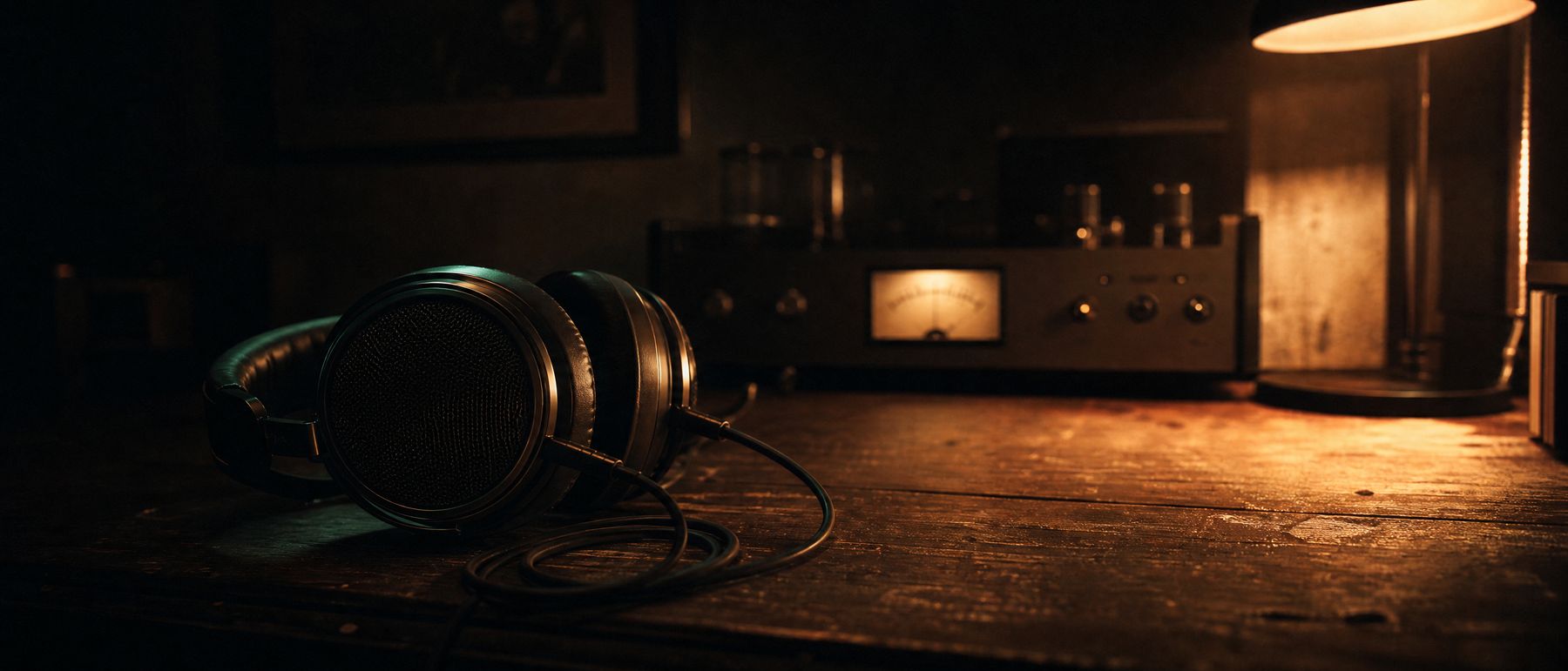 A small listening room with monitors and a warm lamp glowing against dark walls.