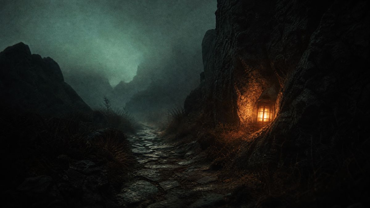 A dim room with a warm lamp and a long shadow stretching across the floorboards.