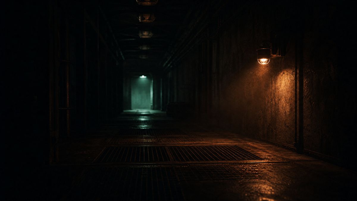 An empty dark interior with a single warm light source and heavy shadow.