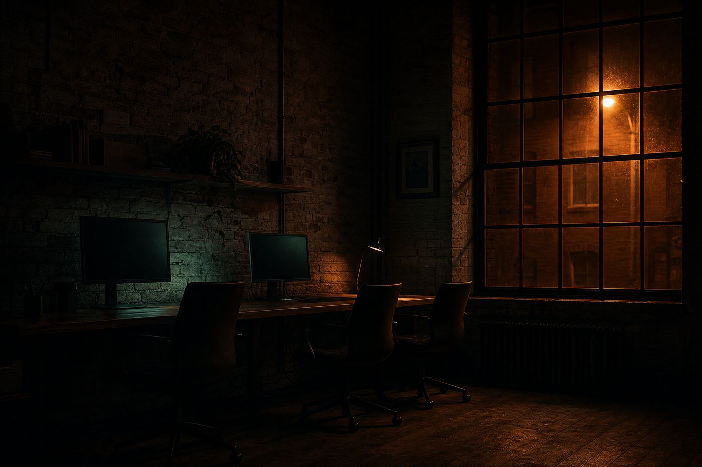 A shared workroom in a converted brick warehouse with three chairs at a long desk and a tall window.